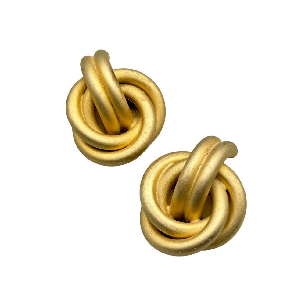 Matte Gold Tone Knot Clip On Earrings 1.5" Vintage 1980s Classy Earrings